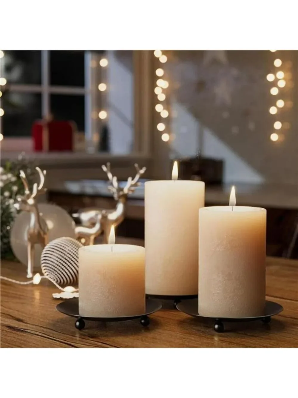 Set of 2 black metal pillar candle holders round candle plates for table decor